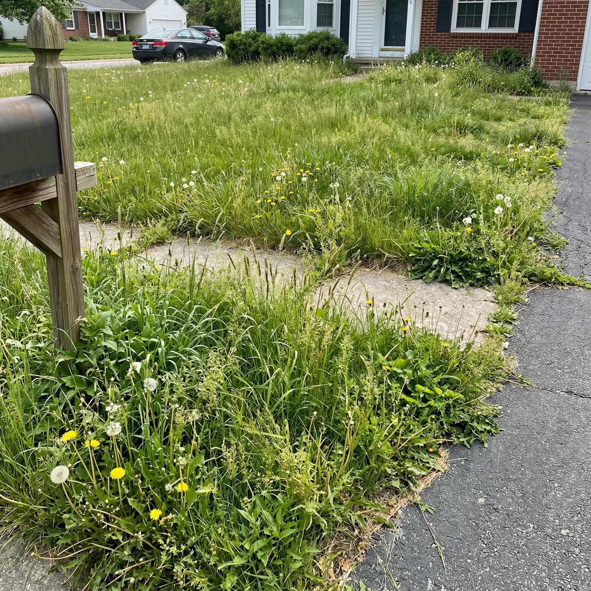 Overgrown front lawn before Prime Green service in Montgomery County